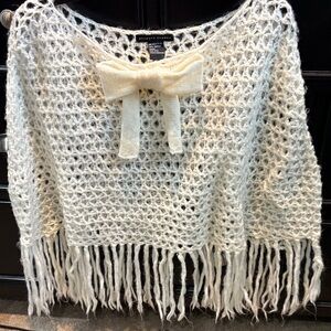 Stylish Cream Fringe Poncho with Bow